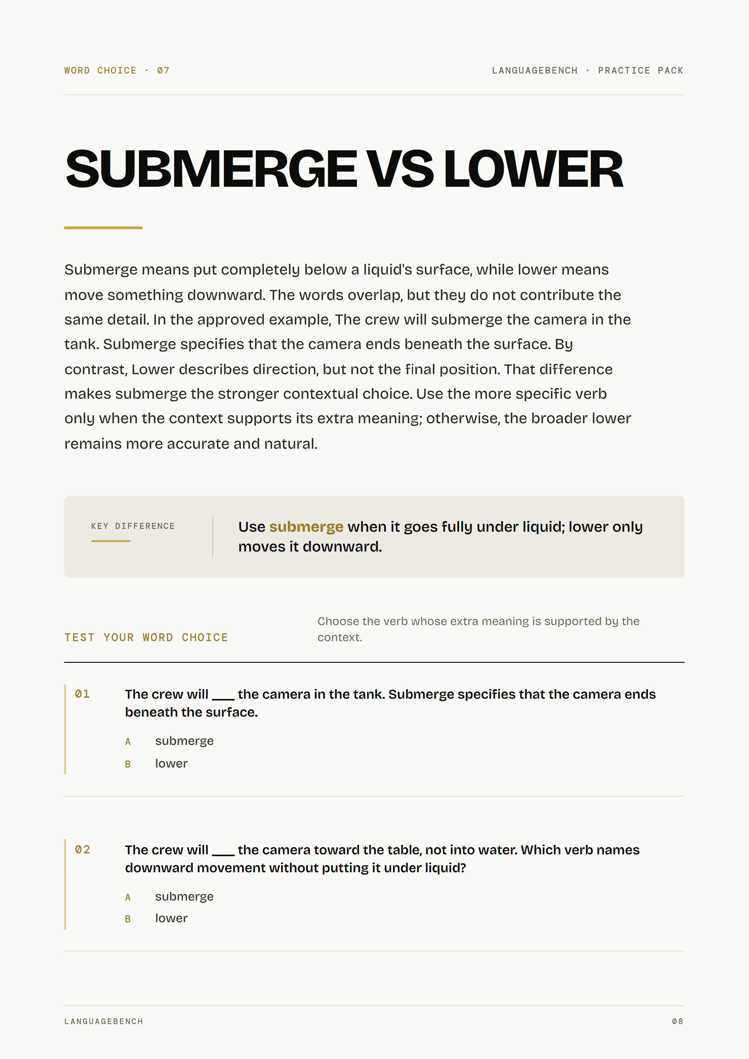 Submerge vs Lower lesson and practice page from Word Choice Pack 01