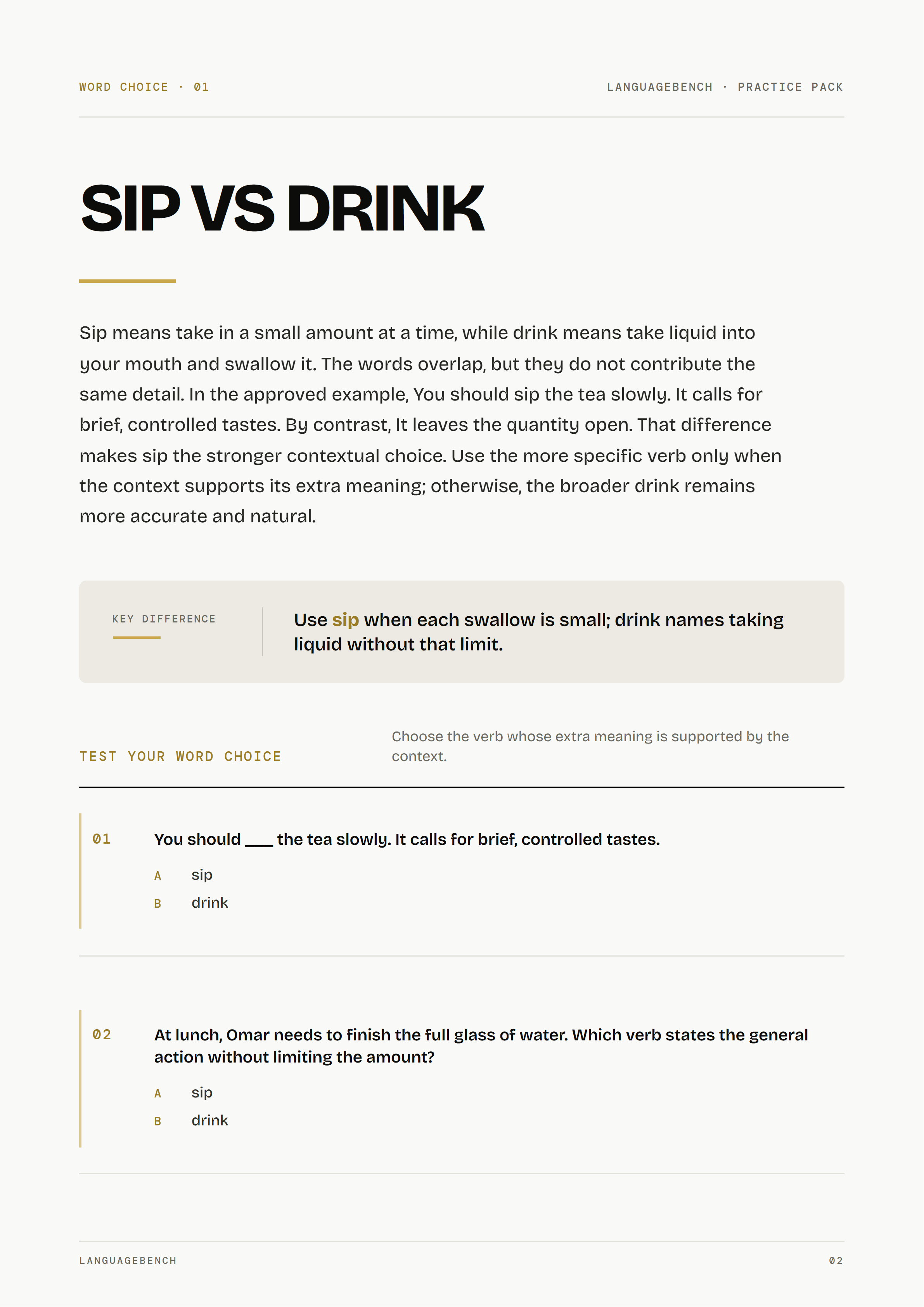 The Sip vs Drink lesson in its English-only layout